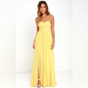 Lulu's Moonlight Serenade Yellow Chiffon Front Slit Strapless Maxi Dress Altered